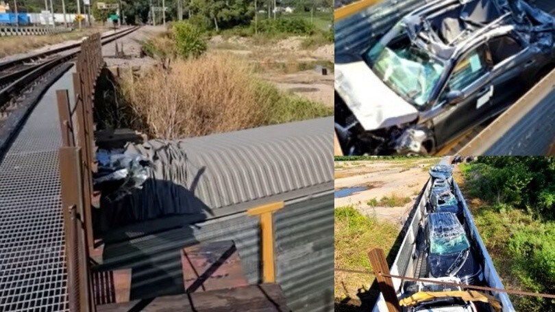 Treno "decapitato" dal ponte: le auto vanno tutte in frantumi! VIDEO