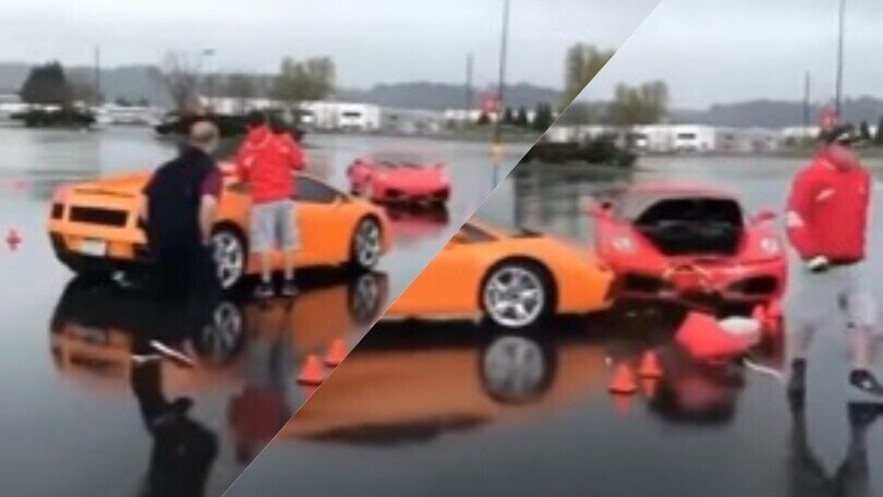 Ferrari F430 vs Lamborghini Gallardo: che botto sul bagnato!
