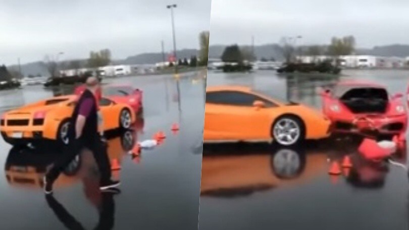 Perde il controllo della Ferrari sul bagnato e distrugge una Lamborghini Gallardo