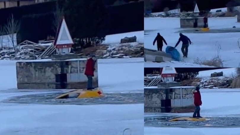 L'auto affonda nell'acqua ghiacciata e la conducente si fa... un selfie