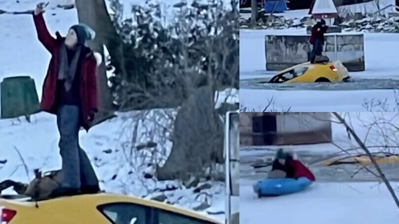 Finisce con l’auto in un lago ghiacciato ma prima di inabissarsi... si scatta un selfie