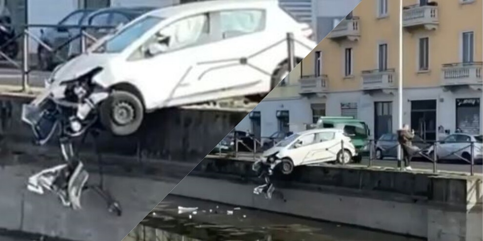 Milano, auto finisce fuori strada e si incastra tra le ringhiere dei Navigli