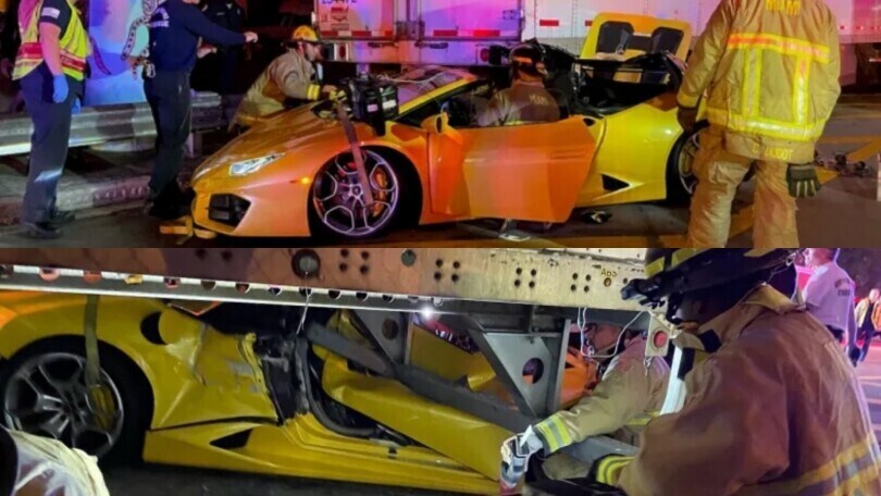 Incidente da brividi per una Lamborghini Huracan: distrutta sotto un semirimorchio