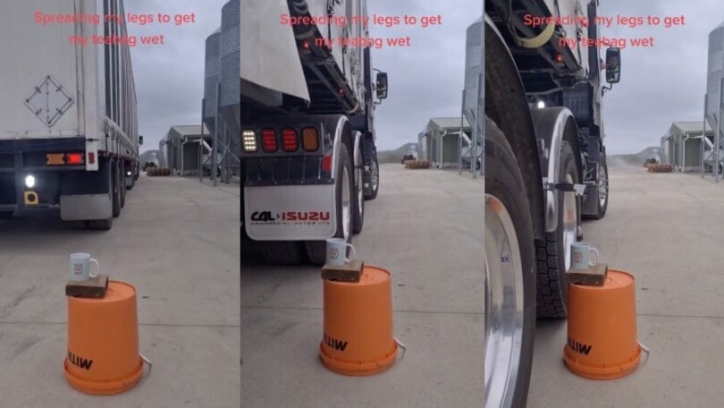 Tanti giganteschi camion, una bustina di tè e una tazza: la nuova sfida dei camionisti è incredibile VIDEO