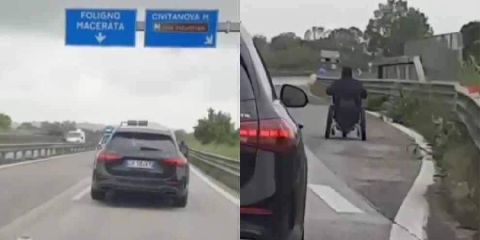 In carrozzina sull'autostrada: follia a Civitanova Marche