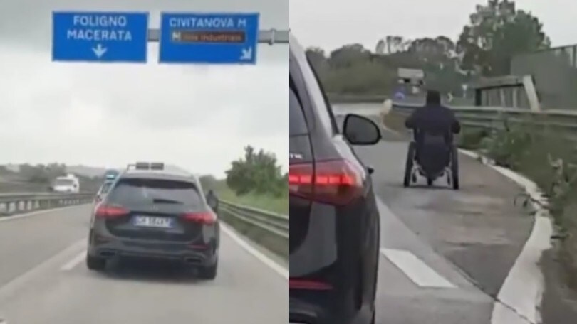 In carrozzina sull'autostrada: follia a Civitanova Marche