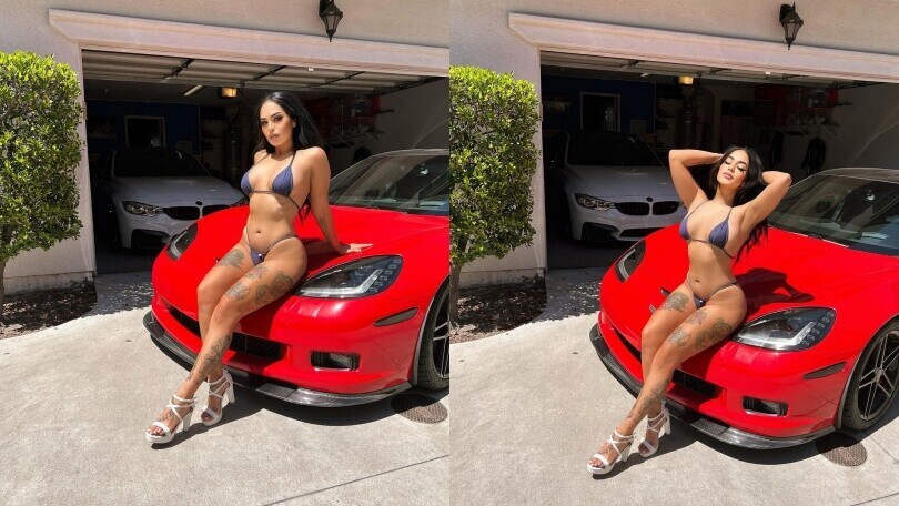 Emily, pose sexy fra Lamborghini e Corvette