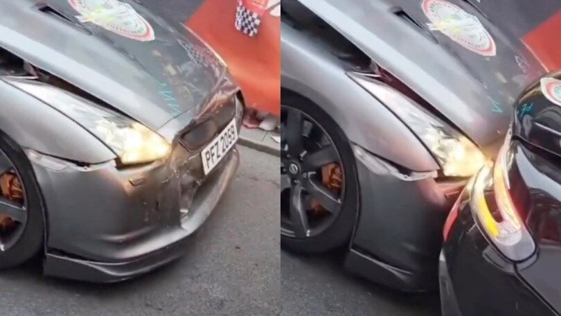 Una Nissan GTR tampona una Aston Martin DBS ad un evento di beneficienza