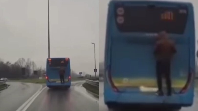 Si aggrappa al cofano dell'autobus e gira per Lodi indisturbato