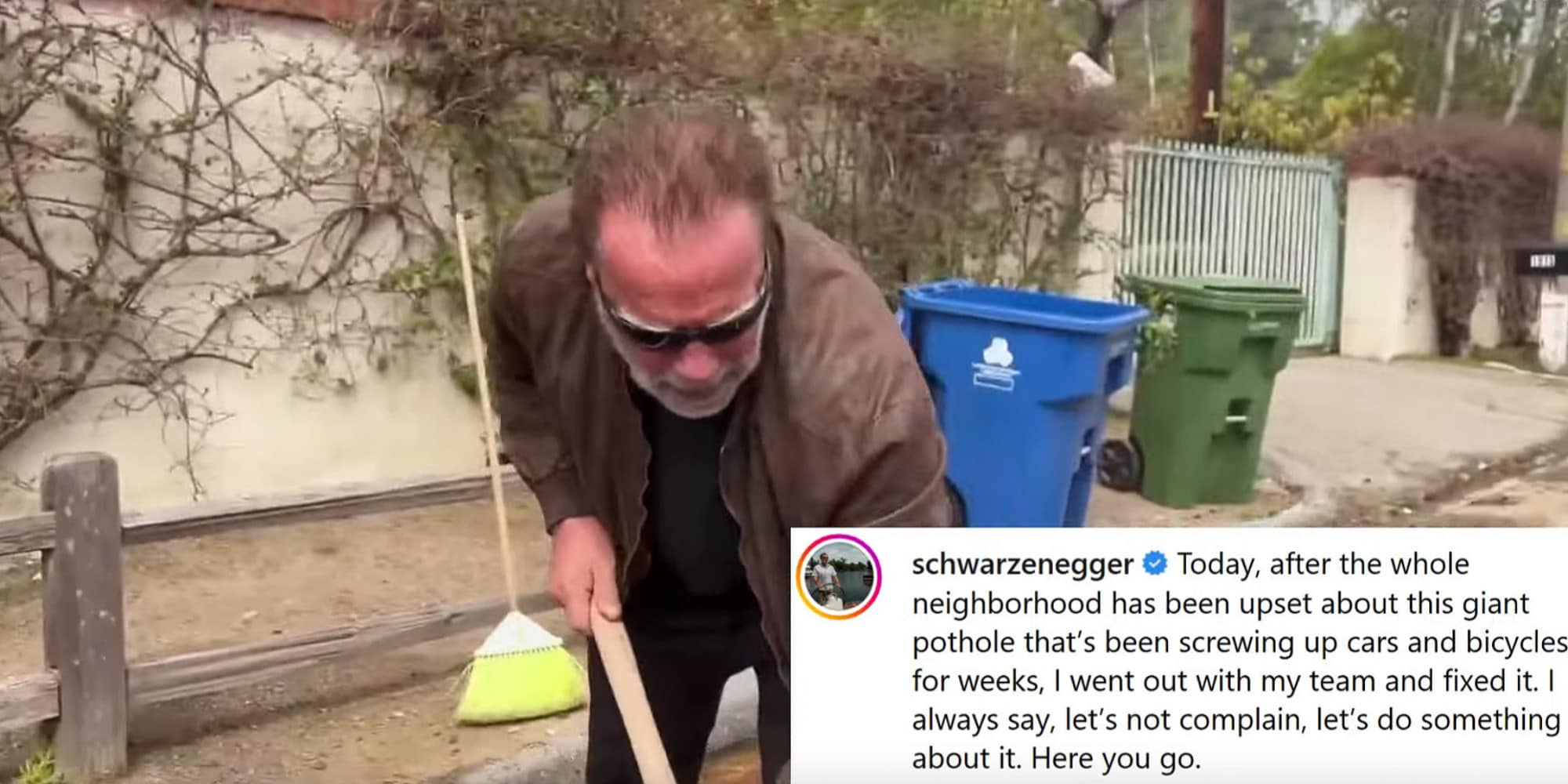Arnold Schwarzenegger ripara una strada da solo