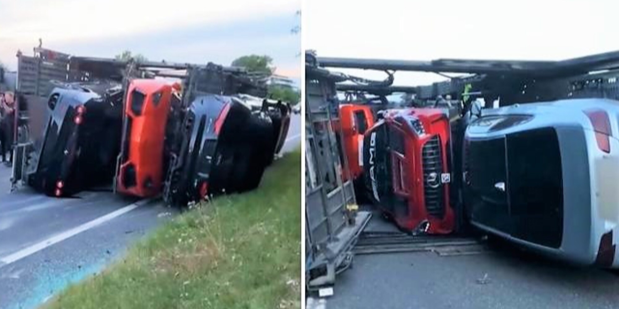 Bisarca con più di dieci supercar si ribalta in Inghilterra