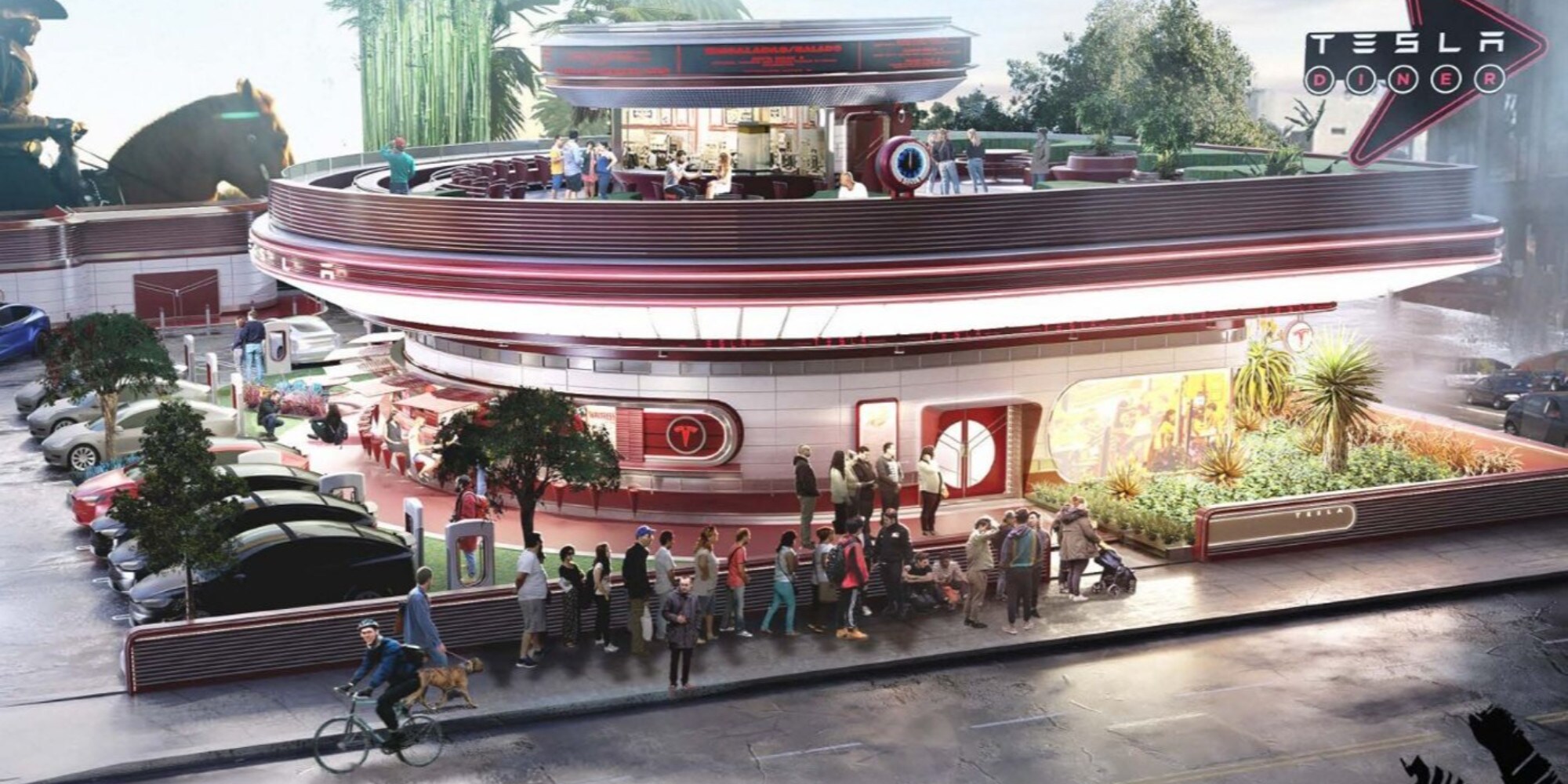 Tesla, drive-in con Supercharger in stile anni 50 a Hollywood