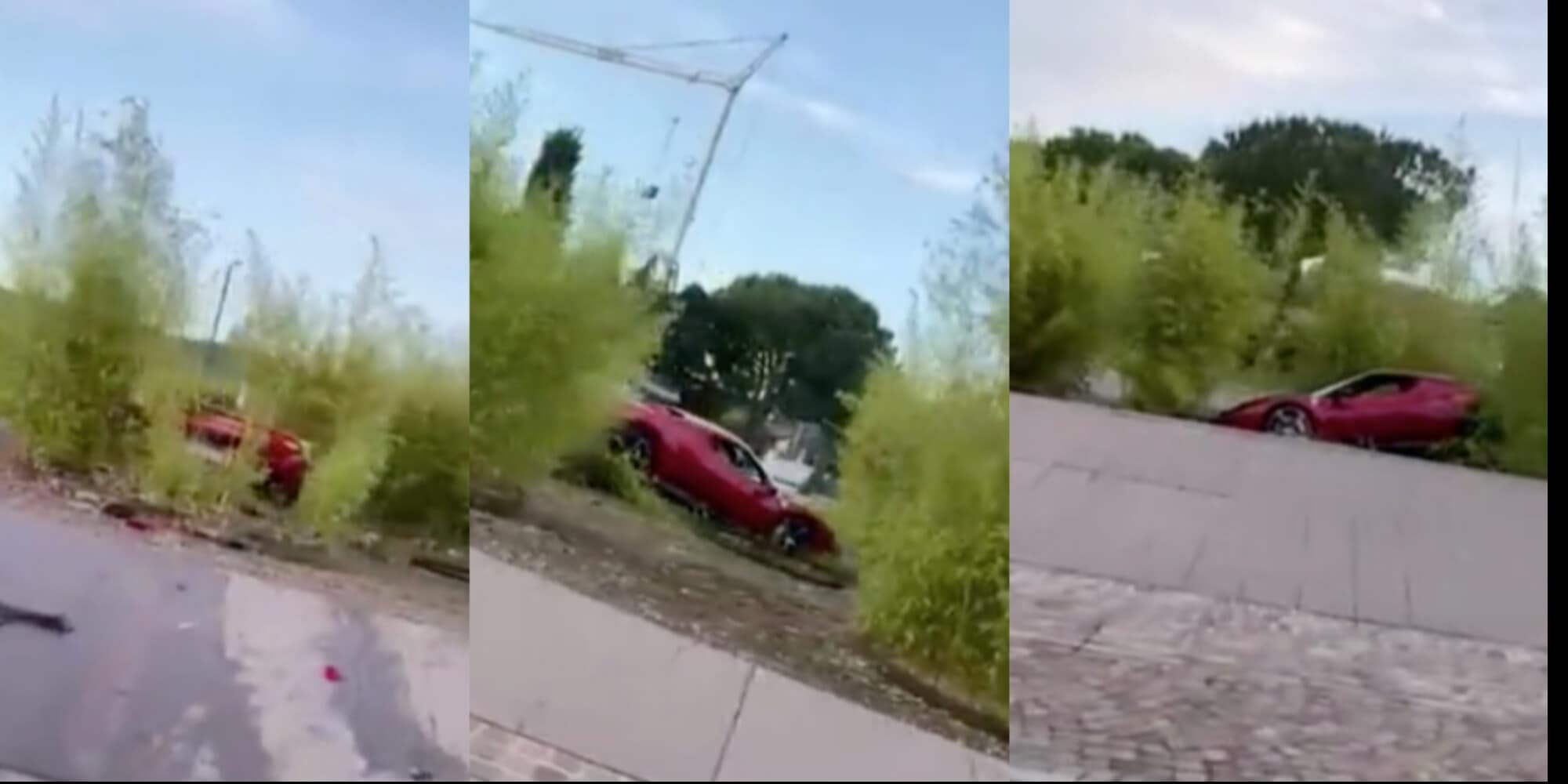 Prende male una rotatoria e si schianta: la Ferrari però rimane accesa!