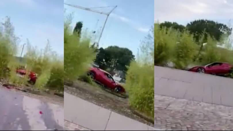Prende male una rotatoria e si schianta: la Ferrari però rimane accesa!