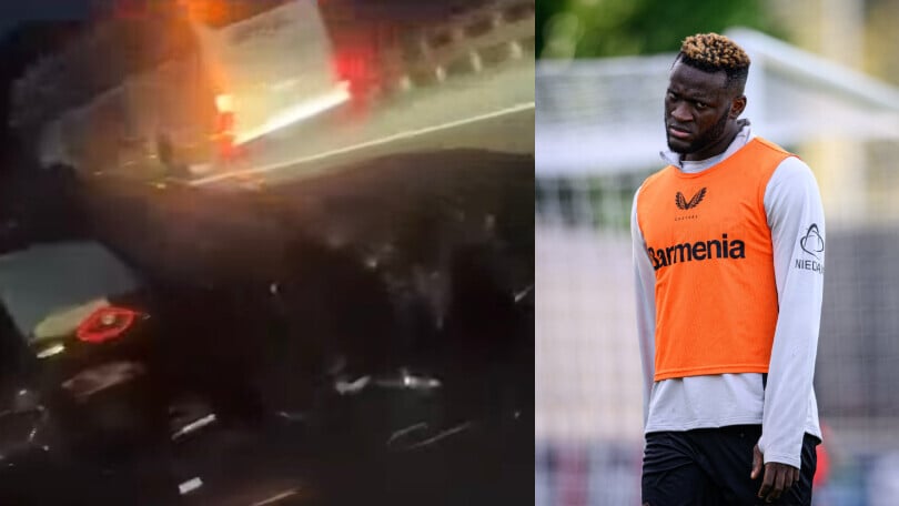 Incidente spaventoso per Victor Boniface: la Mercedes si ribalta e finisce contro un camion