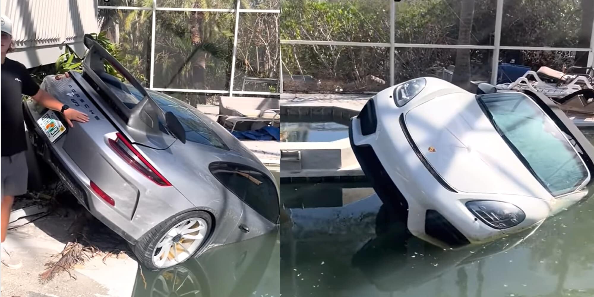 Uragano Milton, due Porsche finiscono in una piscina