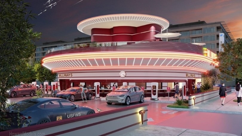 Tesla, a Hollywood c'è la stazione di ricarica drive-in con ristorante e cinema