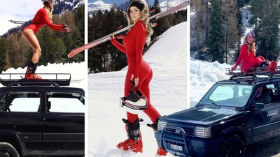 Diletta Leotta sulla neve con tuta rossa, sci e... Fiat Panda 4x4