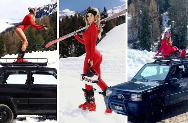 Diletta Leotta sulla neve con tuta rossa, sci e... Fiat Panda 4x4